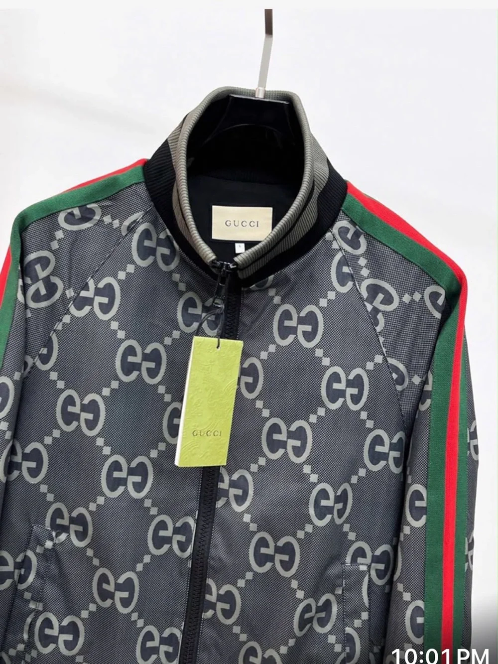 Gucci Gray GG Monogram Bomber Jacket with Green-Red Stripe